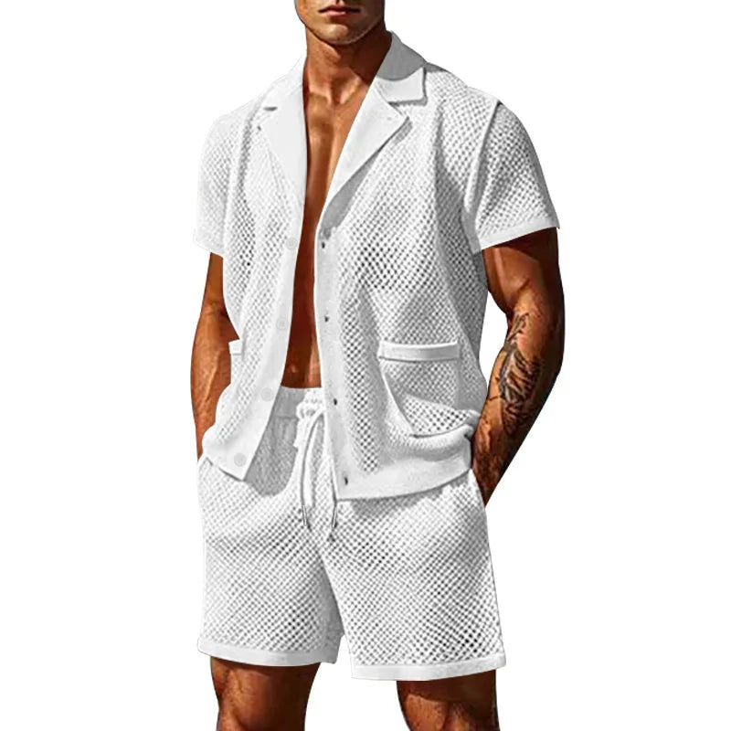 2024 Mesh Breathable Ice Cool Casual Suit Thin Men's Short Sleeve Shorts Two-piece Set