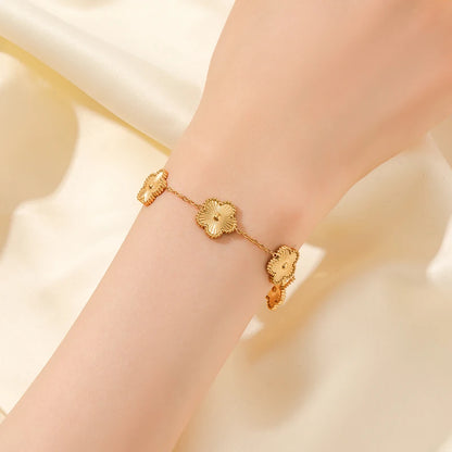 GANEMLY New Fashion Double Sided Green Five Leaf Flower Charm Bracelets For Women Girl Stainless Steel Clover Jewelry Gifts