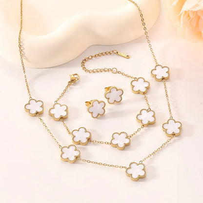 3Pcs Stainless Steel 316L Luxury Plum Blossom Plant Five Leaf Flower Necklace Earrings Bracelet For Women Gift Jewelry Sets