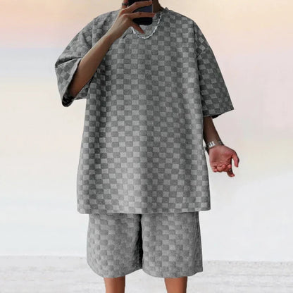 Men's Sports Suit Summer New Korean High Street Jacquard Plaid T-shirt Shorts Two-piece Set Male Casual Retro Loose O-neck Top